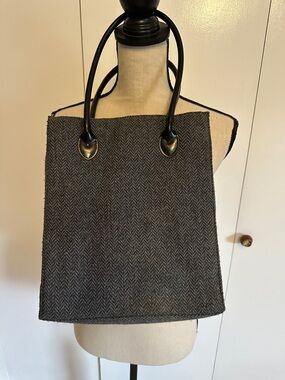 Classic Grey Herringbone Tote Bag with Black Handles
